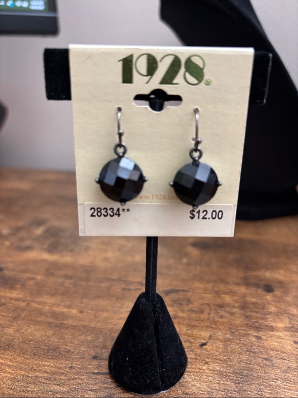 1928 Black Faceted Round Drop Earrings